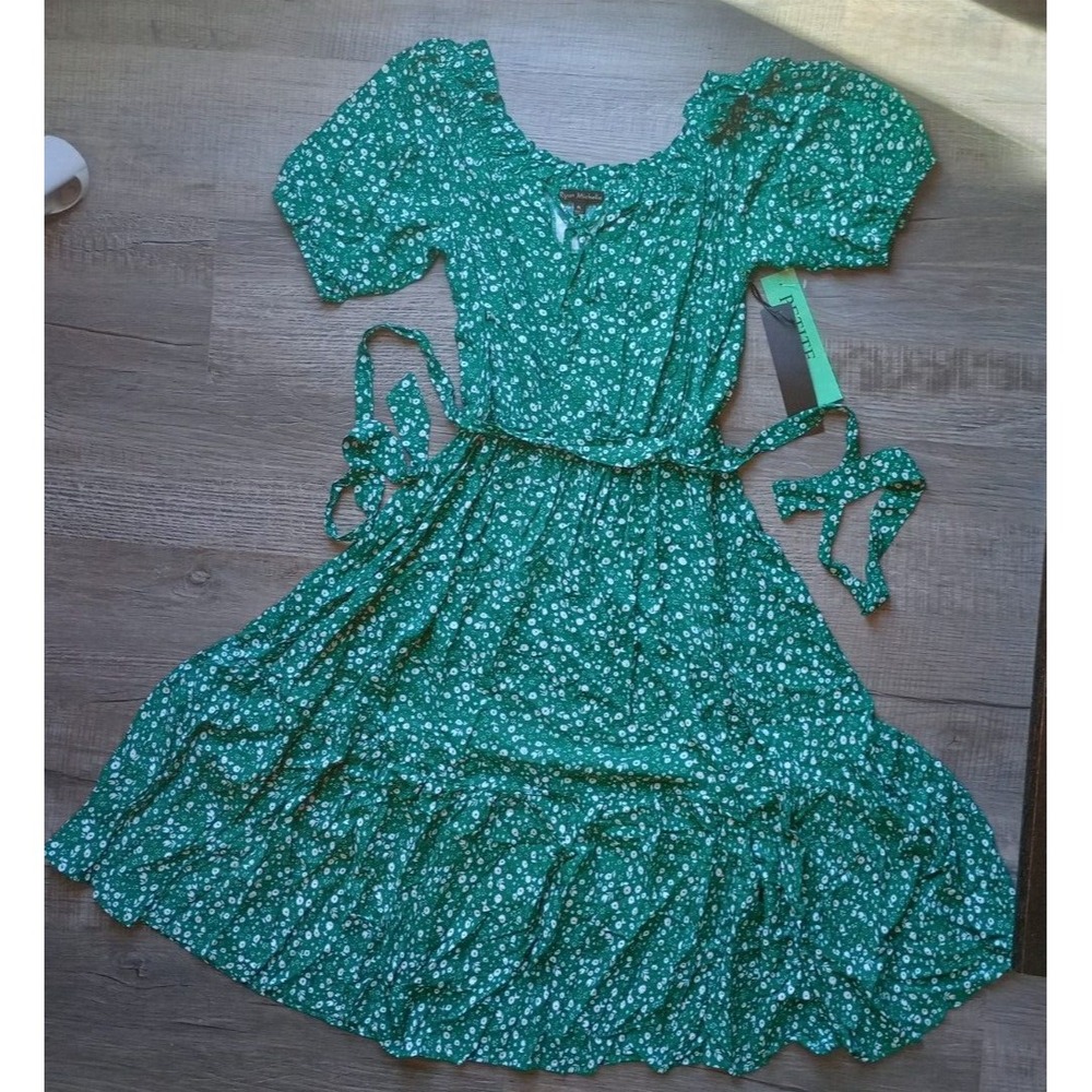 NWT Ryan Michelle Womens LP Green Floral Stretch Elastic Waist Puff Sleeve Dress